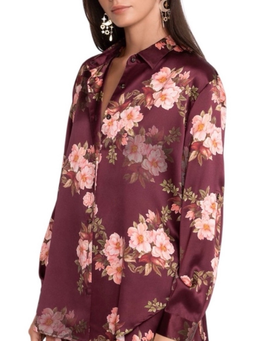 Johnny Was Silk Burgundy Red Pink Botanical Floral Roses Blouse XS P